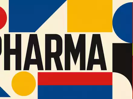 Bauhaus-Poster mit geometrischen Formen symbolisiert Pharmabranche von Orion Oyj, ISIN FI0009014377, Text PHARMA - Foto: THN
