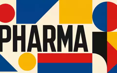 Bauhaus-Poster mit geometrischen Formen symbolisiert Pharmabranche von Orion Oyj, ISIN FI0009014377, Text PHARMA - Foto: THN