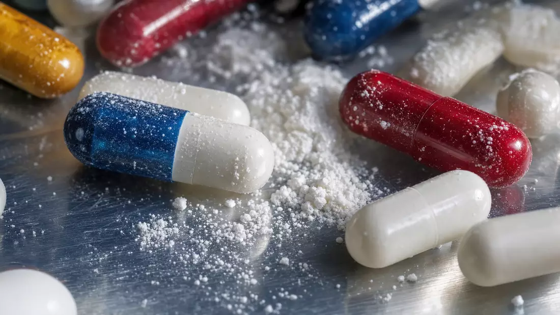 Makroaufnahme von Pharmakapseln und Pulver, Orion Oyj FI0009014377