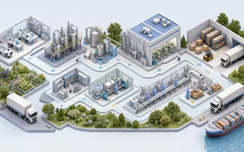 Isometrische 3D-Illustration zeigt Wertschöpfungskette der Pharmaproduktion von Orion Oyj, ISIN FI0009014377, schematisch - Foto: THN