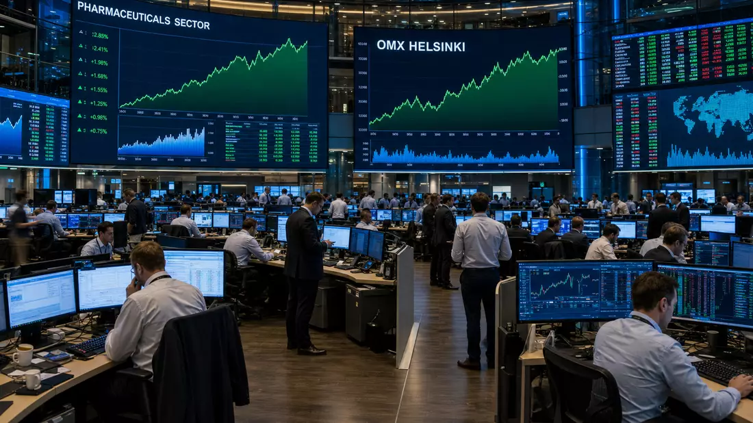 Trading-Floor mit Börsenkursen und Charts, Orion Oyj FI0009014377