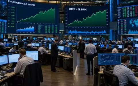 Börsen-Editorial zeigt Trading-Floor der Nasdaq Helsinki mit Pharma-Charts für Orion Oyj, ISIN FI0009014377 - Foto: THN