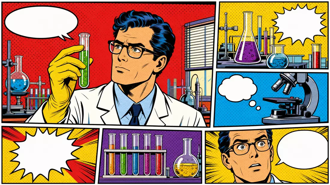 Pop-Art-Comicszene mit Wissenschaftler im Labor, Orion Oyj FI0009014377