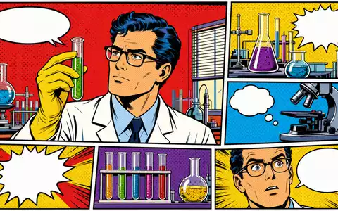 Pop-Art-Comic zeigt stilisierte Szene aus Pharmalabor der Firma Orion Oyj, ISIN FI0009014377, farbenfroh gezeichnet - Foto: THN