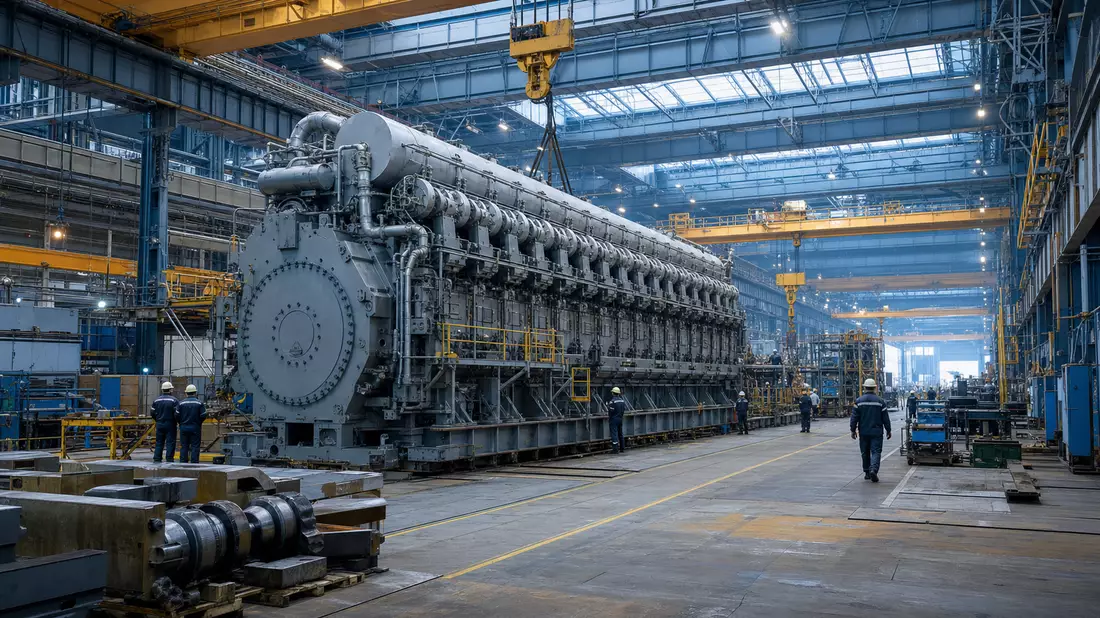 Fotorealistische Werfthalle mit großem Schiffsdieselmotor und Kranstrukturen