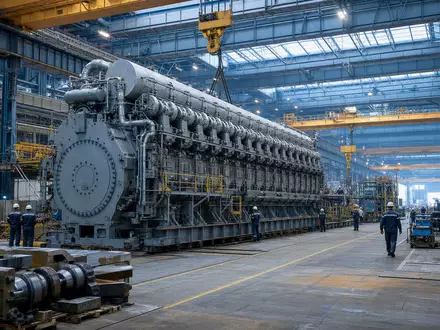 Fotorealistische Aufnahme einer Schiffsmotoren-Werft zeigt Wärtsilä Oyj Abp, Aktie ISIN FI0009003727, führenden Marine-Energie-Konzern Finnlands - Foto: THN