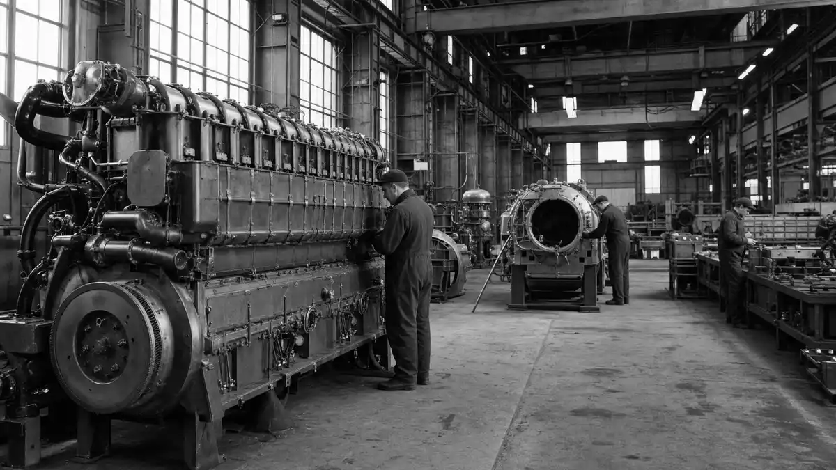 Dokumentarische Schwarzweißaufnahme einer Motorenfabrik mit Arbeitern