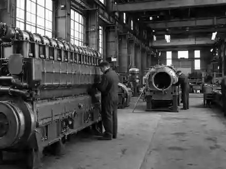 Schwarzweiß-Reportage dokumentiert Werkshalle mit Schiffsdieselmotoren bei Wärtsilä Oyj Abp, Aktiensymbol ISIN FI0009003727, Marine-Technologiekonzern Helsinki - Foto: THN