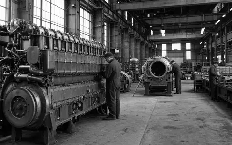 Schwarzweiß-Reportage dokumentiert Werkshalle mit Schiffsdieselmotoren bei Wärtsilä Oyj Abp, Aktiensymbol ISIN FI0009003727, Marine-Technologiekonzern Helsinki - Foto: THN