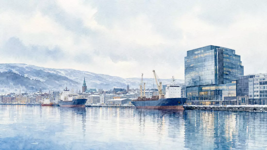 Aquarellbild eines nordischen Hafens mit Frachtschiffen und Bürogebäude