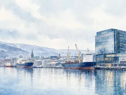 Aquarellmalerei zeigt Helsinkis Hafen und Firmensitz von Wärtsilä Oyj Abp, ISIN FI0009003727, finnischer Maschinenbaukonzern Marine-Energie - Foto: THN