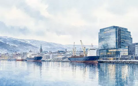 Aquarellmalerei zeigt Helsinkis Hafen und Firmensitz von WÀrtsilÀ Oyj Abp, ISIN FI0009003727, finnischer Maschinenbaukonzern Marine-Energie - Foto: THN