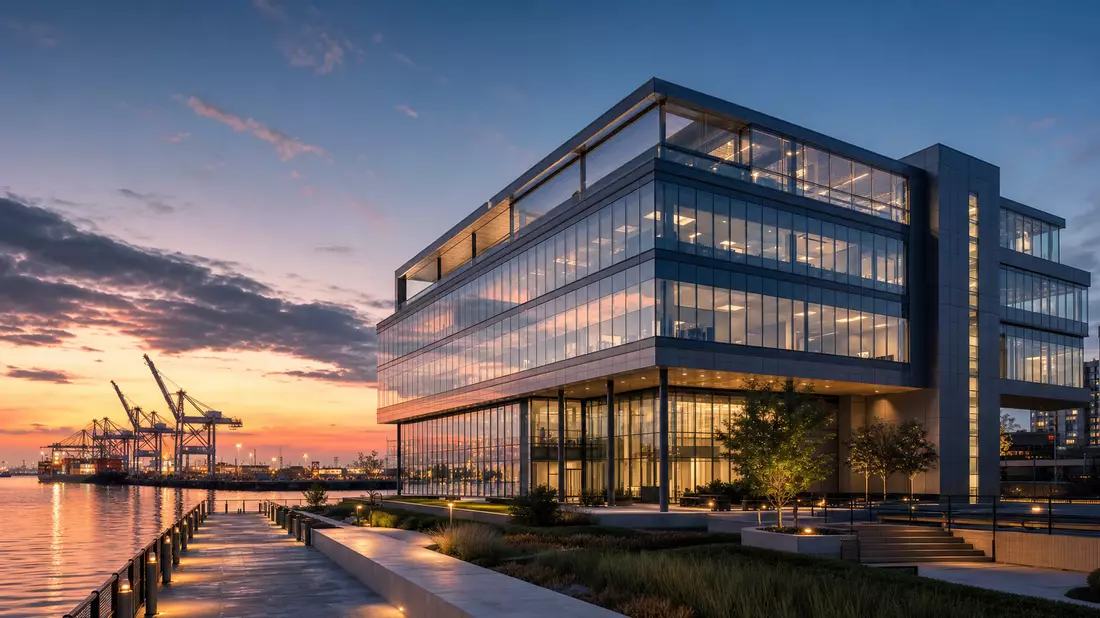 3D-Architekturrender eines modernen Glas-Bürogebäudes am Wasser