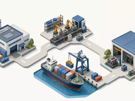 Isometrische 3D-Grafik zeigt Wertschöpfungskette von Motorenbau bis Wartung bei Wärtsilä Oyj Abp, Aktie ISIN FI0009003727 - Foto: THN