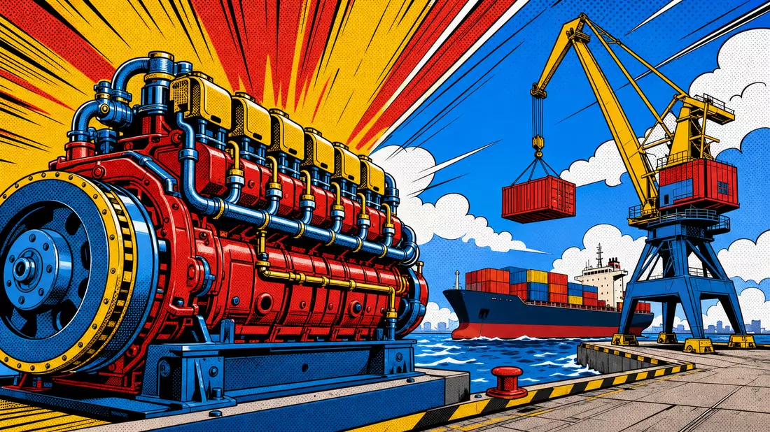 Pop-Art-Comic-Illustration eines Schiffsmotors und Hafenkrans in bunten Farben