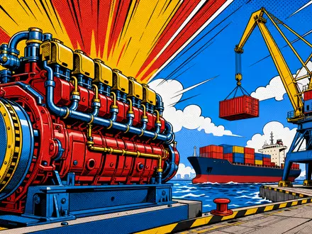 Pop-Art-Comic-Szene stilisiert Schiffsmotor und Hafenkran passend zu WÀrtsilÀ Oyj Abp, Aktie ISIN FI0009003727, Marine-Energiekonzern - Foto: THN