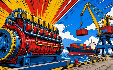 Pop-Art-Comic-Szene stilisiert Schiffsmotor und Hafenkran passend zu Wärtsilä Oyj Abp, Aktie ISIN FI0009003727, Marine-Energiekonzern - Foto: THN