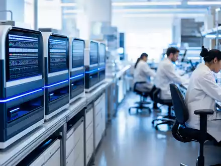 Illumina Inc. betreibt ein modernes Genomik-Labor US4523271090 mit DNA-Sequenziergeräten, Wissenschaftlern und steriler Forschungsatmosphäre - Foto: THN