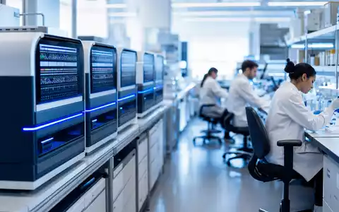 Illumina Inc. betreibt ein modernes Genomik-Labor US4523271090 mit DNA-Sequenziergeräten, Wissenschaftlern und steriler Forschungsatmosphäre - Foto: THN