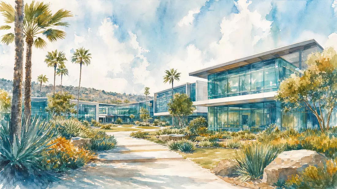 Aquarellillustration eines modernen Biotech-Campus mit Palmen und Glasgebäuden in San Diego