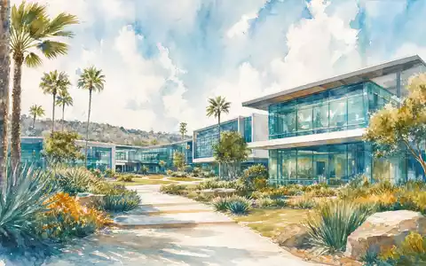 Illumina Inc. Biotechnologie-Campus US4523271090 in San Diego als Aquarellmalerei mit Palmen und Glasfassaden-Gebäudekomplex - Foto: THN