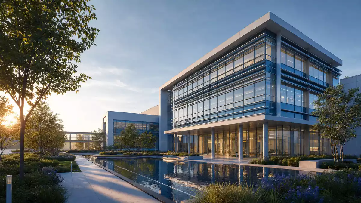 CGI-Architekturrender eines modernen Biotech-Hauptgebäudes mit Glasfassade und Wasserbecken