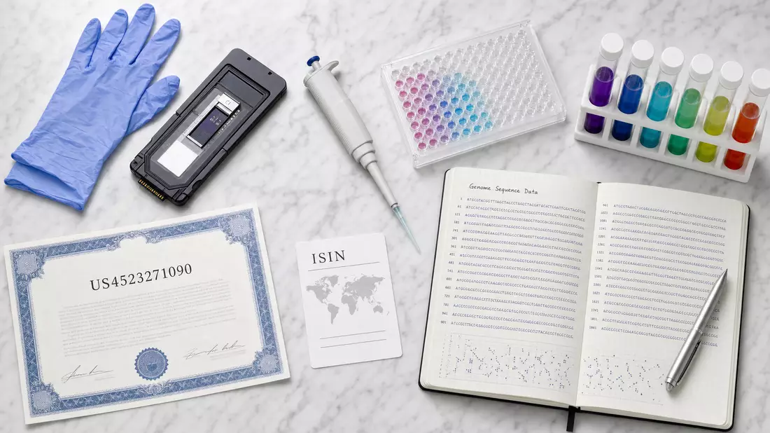 Flatlay mit Genomik-Laborutensilien, Aktienzertifikat US4523271090 und ISIN-Karte auf Marmor