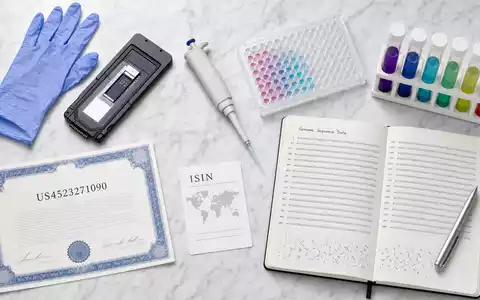 Illumina Inc. Genomik-Utensilien US4523271090 als Flatlay auf Marmor mit Aktienzertifikat, ISIN-Karte und Pipette - Foto: THN