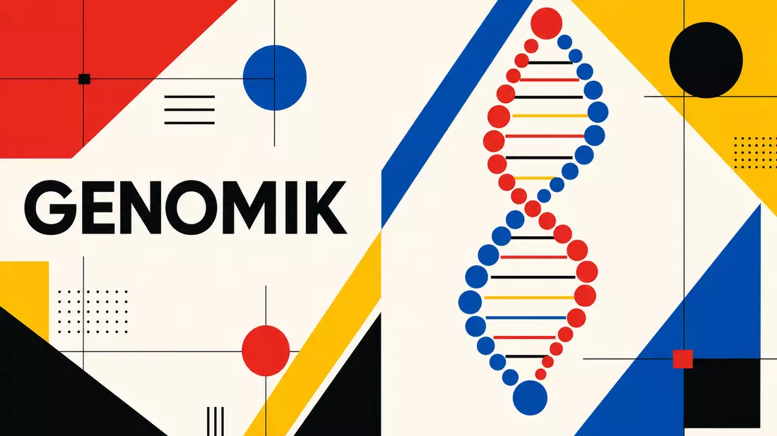 Bauhaus-Poster mit Text GENOMIK, geometrischer DNA-Helix in Primärfarben Rot Blau Gelb