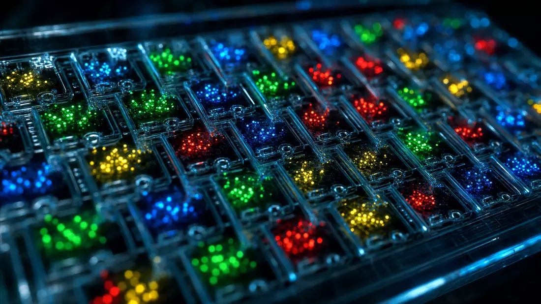 Extreme Makroaufnahme eines DNA-Sequenzier-Flowcell-Chips mit bunten fluoreszierenden Molekülen