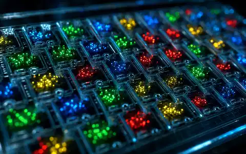 Illumina Inc. Sequenzier-Flowcell US4523271090 in extremer Makroaufnahme mit leuchtenden fluoreszierenden Molekül-Clustern auf dunklem Hintergrund - Foto: THN