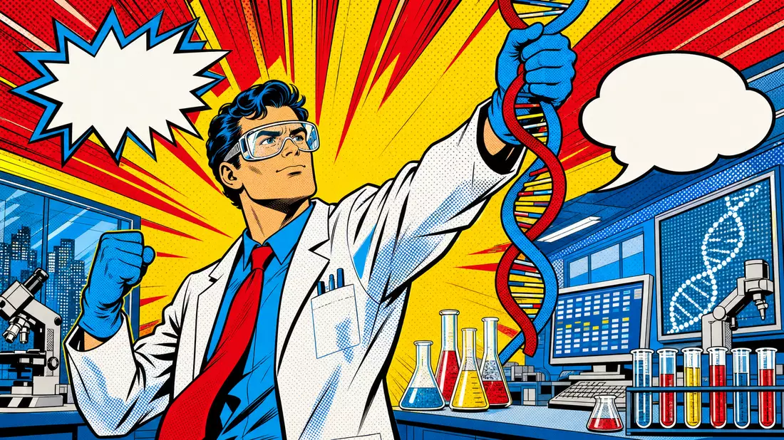 Pop-Art-Comic mit Wissenschaftler-Superheld der eine DNA-Doppelhelix hält, Lichtenstein-Stil