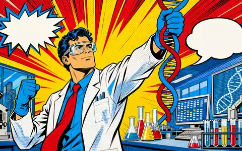 Illumina Inc. Genomik-Wissenschaftler US4523271090 als Pop-Art-Comic-Superheld hält triumphierend eine leuchtende blaue DNA-Doppelhelix - Foto: THN