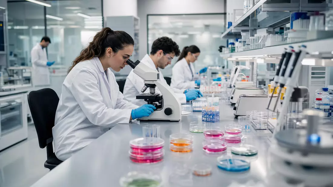 Fotorealistisches Biopharma-Labor mit Wissenschaftlern und bunten Zellkulturen