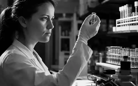 Incyte Forscherin prüft Reagenzgläser in Schwarzweiß-Reportage, dokumentarisches Symbol für ISIN US45337C1027 Biotechnologie - Foto: THN