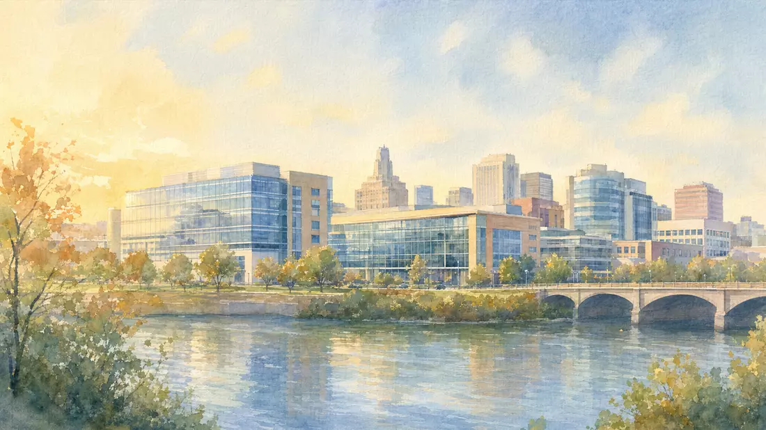 Aquarellmalerei des Wilmington Stadtbilds mit modernem Forschungscampus