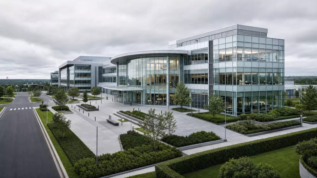 Architektonisches 3D-Render eines modernen Pharmacampus mit Glasfassade