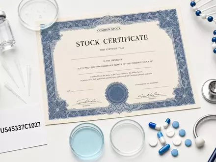 Flatlay mit Aktienzertifikat, ISIN-Karte US45337C1027, Pharma-Ampullen und diversen Biotech-Laborutensilien für Incyte Aktie - Foto: THN