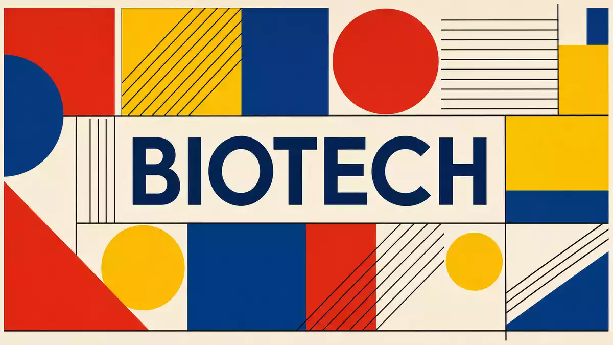 Bauhaus-Grafikposter mit geometrischen Primärfarben und dem Text BIOTECH