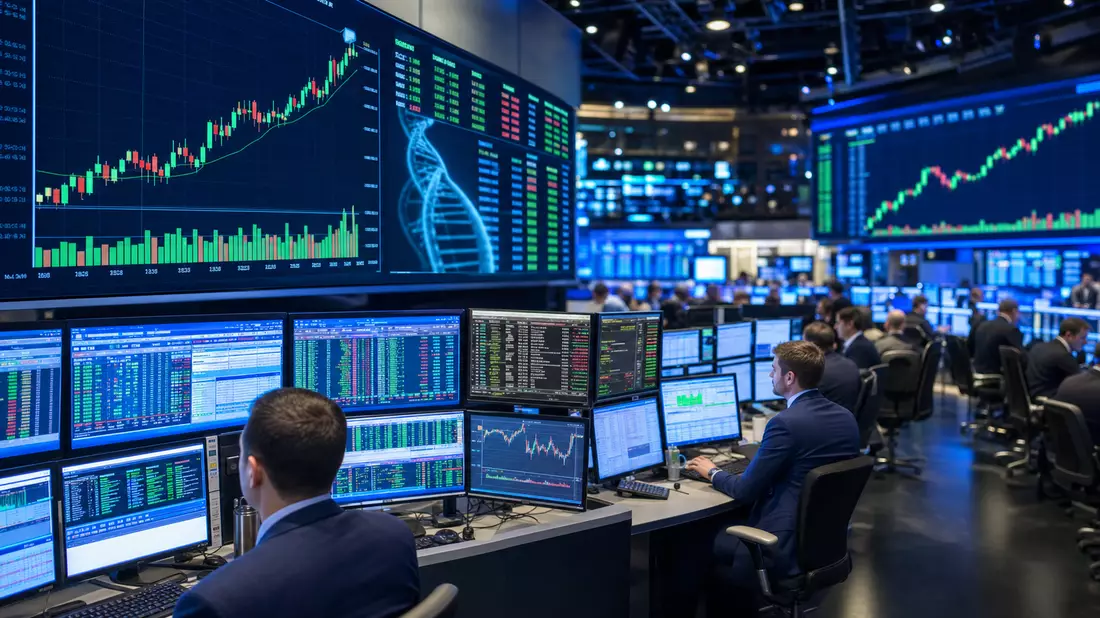 Redaktionsfoto eines Handelsraums mit Biotech-Kursbildschirmen und Händlern