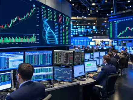 Incyte NASDAQ-Börsensaal mit aktuellen Biotech-Kursdiagrammen und Händlern an Handelsbildschirmen, ISIN US45337C1027 Sektor - Foto: THN