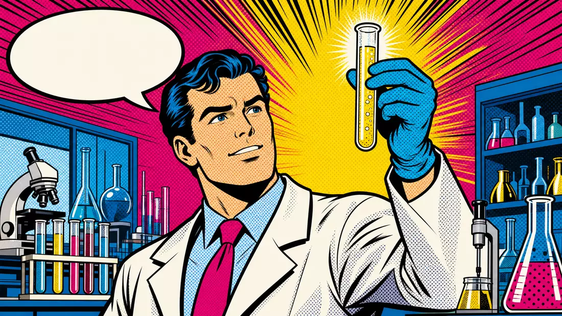 Farbiger Pop-Art-Comic eines Laborwissenschaftlers im Lichtenstein-Stil mit Reagenzglas