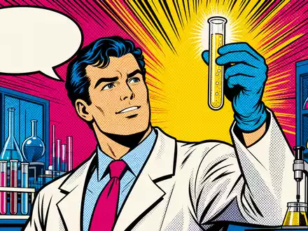 Pop-Art-Comic eines Biotech-Forschers hält Reagenzglas triumphierend hoch, steht für Incyte Innovation ISIN US45337C1027 - Foto: THN