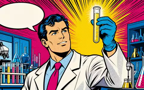 Pop-Art-Comic eines Biotech-Forschers hält Reagenzglas triumphierend hoch, steht für Incyte Innovation ISIN US45337C1027 - Foto: THN