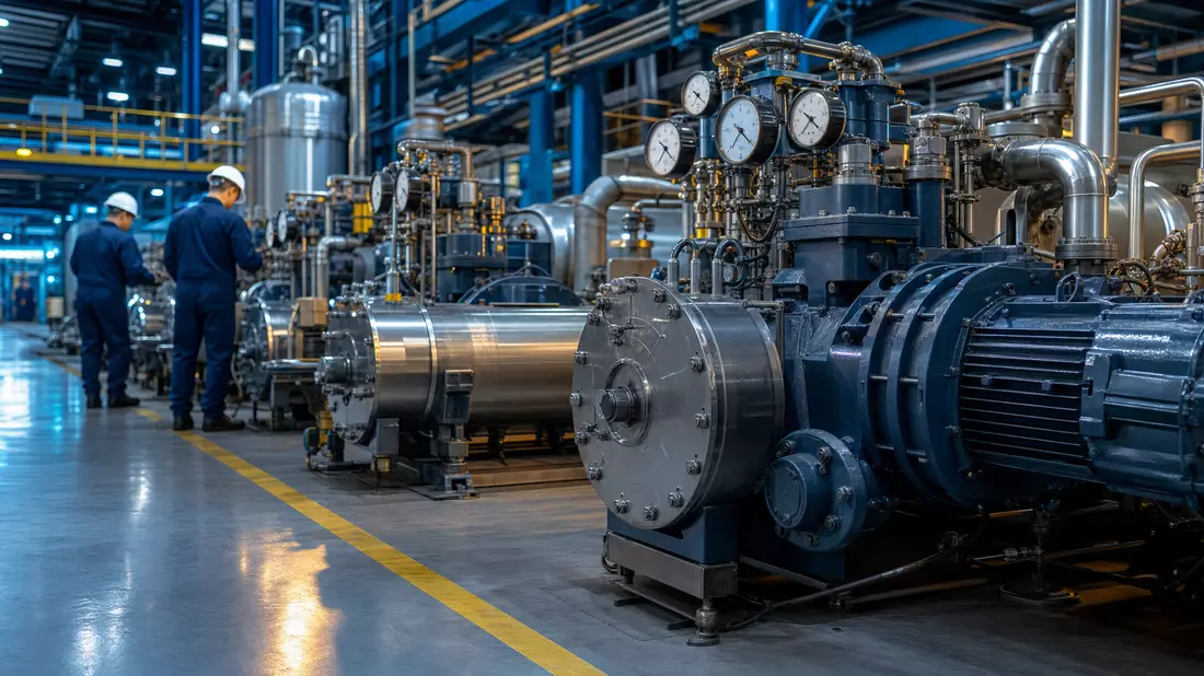 Fotorealistische Luftkompressoren und Vakuumpumpen in moderner Industriehalle
