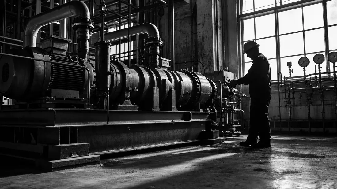 Schwarzweißfoto eines Arbeiters an großem Industriekompressor mit dramatischem Lichteinfall