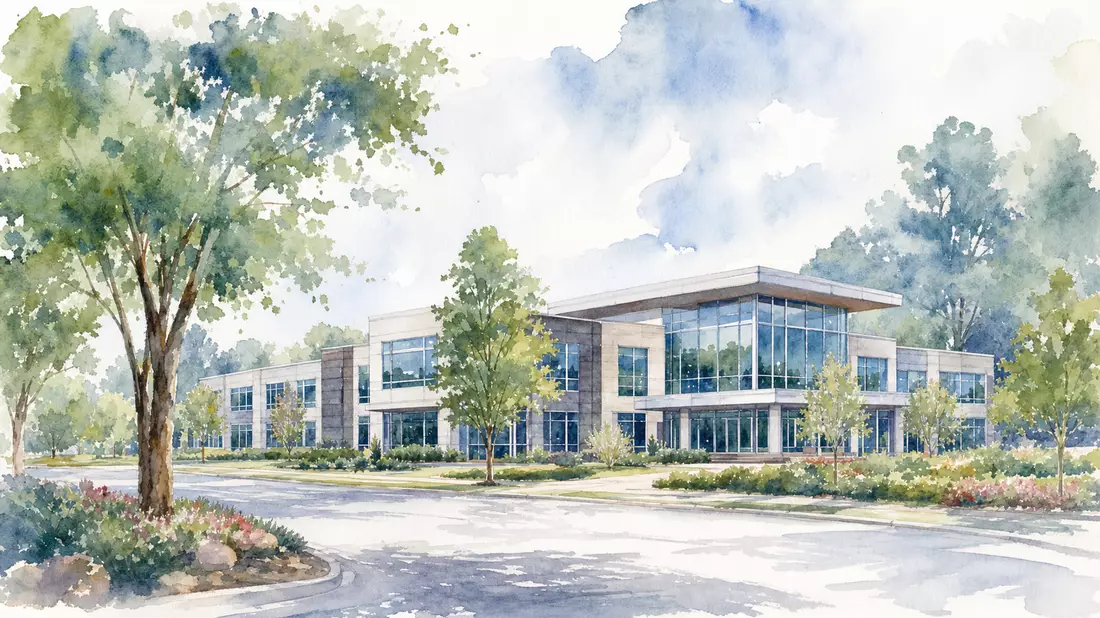 Aquarellgemälde des modernen Industriecampus in Davidson North Carolina mit Bäumen