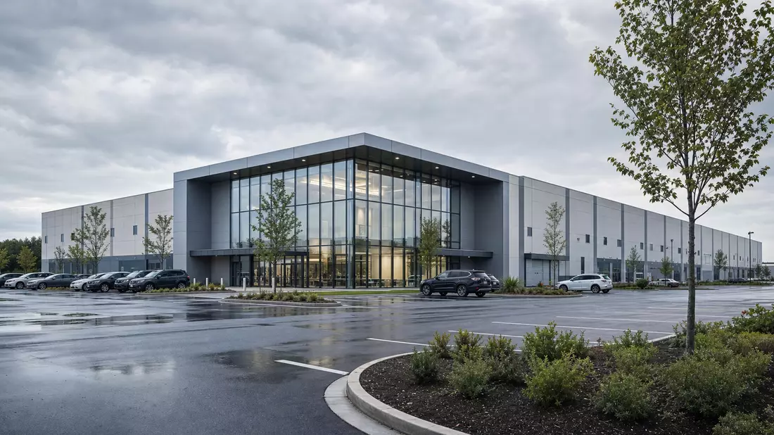 CGI-Architekturrender eines modernen Industriegebäudes mit Glasfassade und Parkplatz