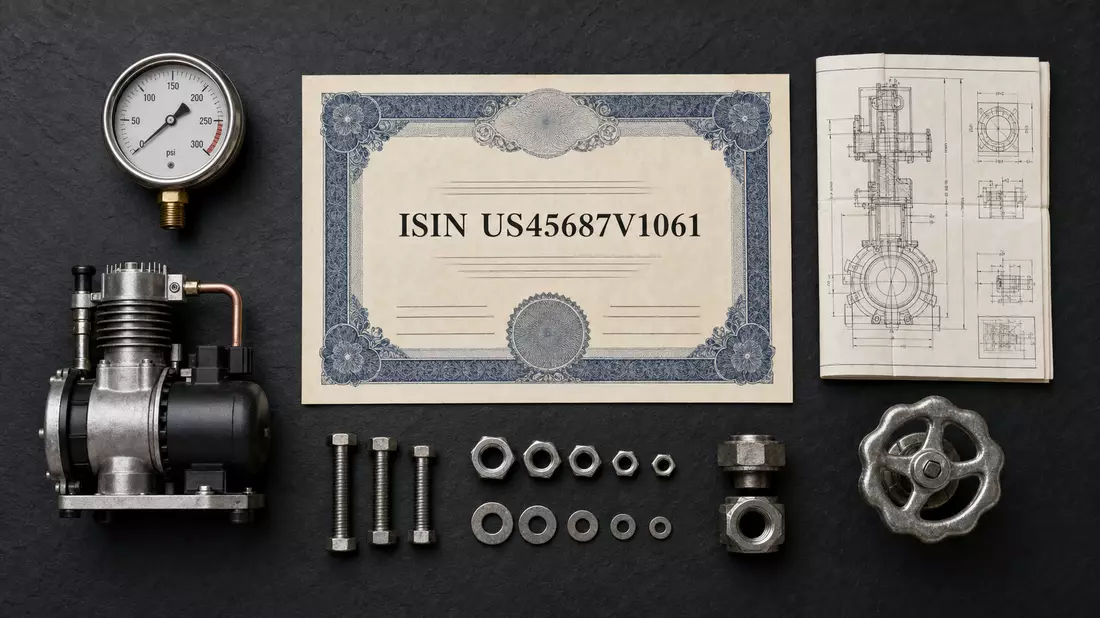Flatlay mit Aktienzertifikat ISIN US45687V1061, Druckmesser, Kompressorteil und Bauplan