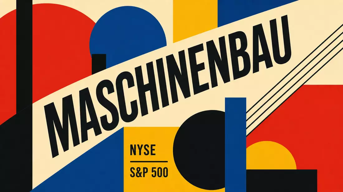 Bauhaus-Poster mit geometrischen Formen und MASCHINENBAU-Schriftzug in Primärfarben